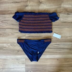 Splendid Navy Blue Two Piece Swimsuit Bikini Off Shoulder Tankini Knit Swimwear